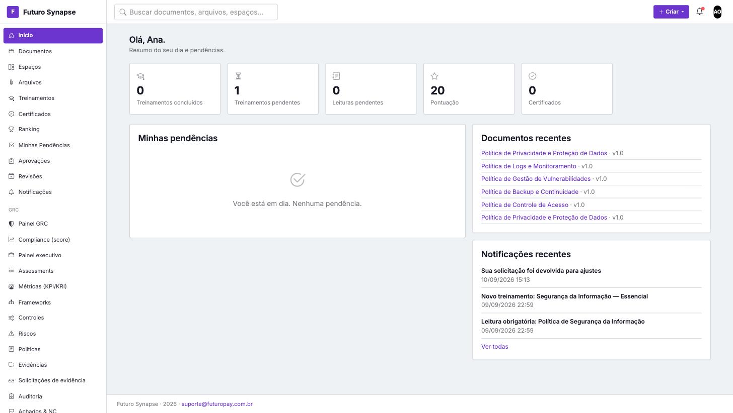 Tela inicial com pendências do usuário, documentos recentes e notificações